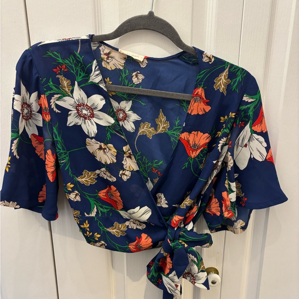 Navy Floral Wrap Blouse